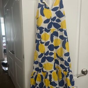 LOFT Blue and Yellow Leaf and lemon Print Dress